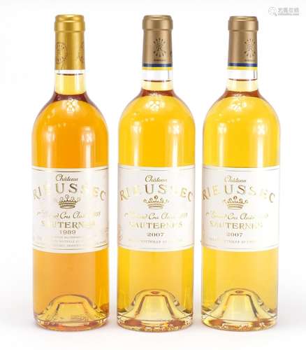 Three bottles of Chateau Raeussec Sauternes wine comprising one 1989 and two 2007 : For Further