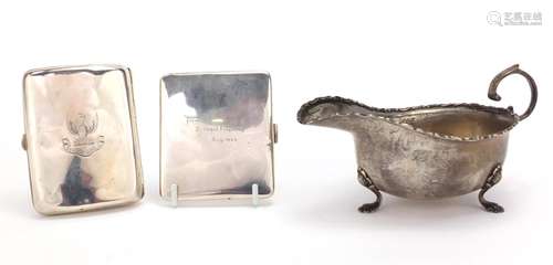 Silver three footed sauce boat and two rectangular silver cigarette cases, various hallmarks, the