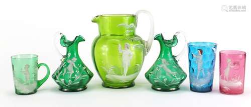 Victorian Mary Gregory glass including three jugs, the largest 17cm high : For Further Condition