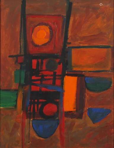 Abstract composition, red abstract with blue boats, Newlyn School oil, inscribed label verso,