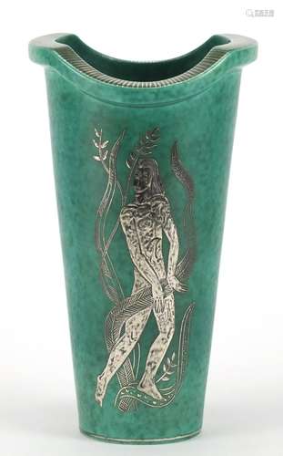 Swedish art pottery vase by Gustavsberg with silver inlay, decorated with a standing nude female,