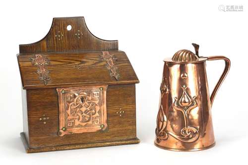 Arts & Crafts copper flagon by Joseph Sankey & Son and an oak candle box with applied copper