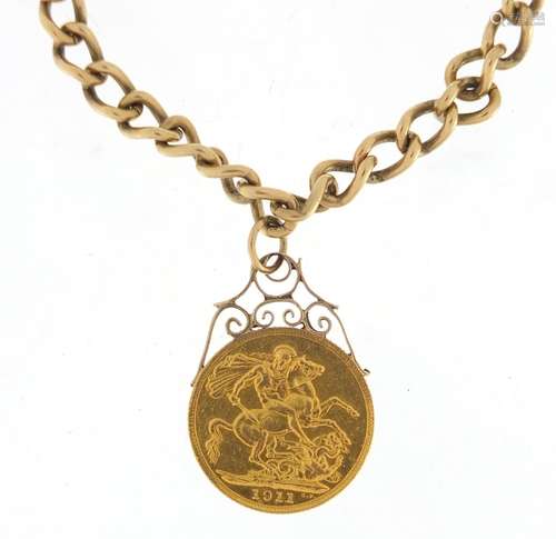 George V 1911 gold sovereign mounted on a 9ct gold bracelet, approximate weight 23.7g : For