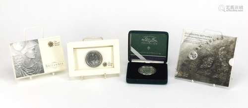 Silver proof coins comprising 2010 Britannia two pound, The Queen Mother Piedfort Centenary crown