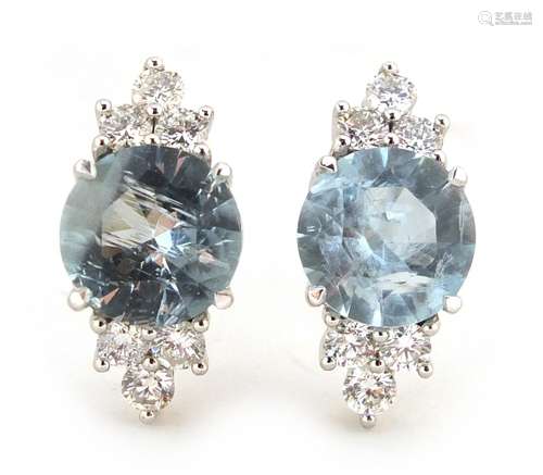 Pair of 14ct white gold aquamarine and diamond earrings, 2cm in length, approximate weight 4.2g :