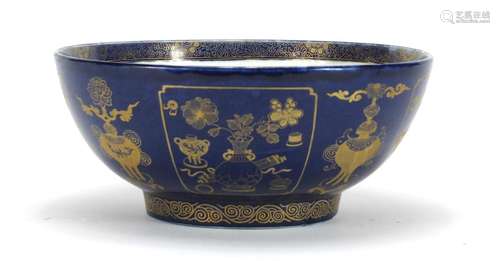 Chinese porcelain powder blue bowl, gilded with objects, 29cm in diameter : For Further Condition