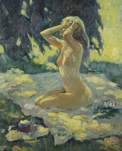 Vasilief - The Nude, Russian school oil on canvas, label and inscriptions verso, framed, 54.5cm x