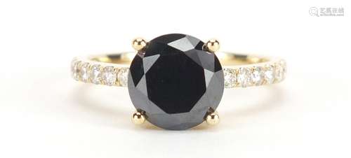 14ct gold black diamond solitaire ring (over 2.00ct) with diamond set shoulders, size L, approximate