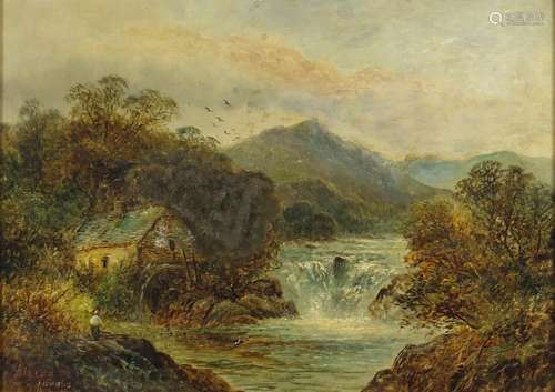 Watermill beside a waterfall before mountains, 19th century oil on canvas, bearing an indistinct