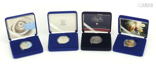 Four silver proof commemorative coins with cases and boxes including Diana Princess of Wales and The