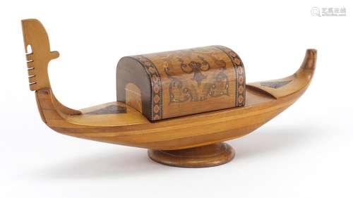 Italian Sorrento Ware cigarette dispenser in the form a gondola, 31cm in length : For Further