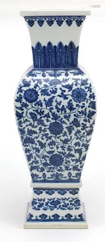 Large Chinese blue and porcelain square section vase, hand painted with flower heads amongst foliate