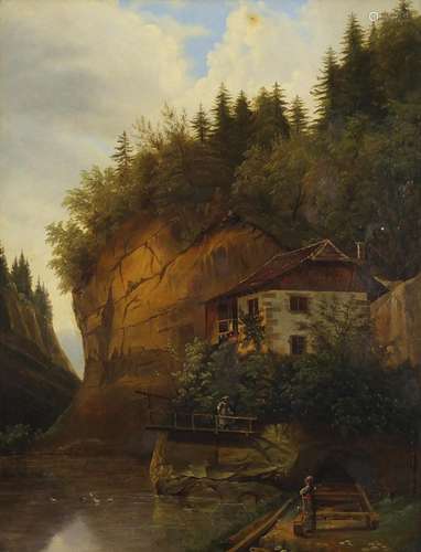 Figures by water with mountain house, 19th century continental school oil on canvas, framed, 51.