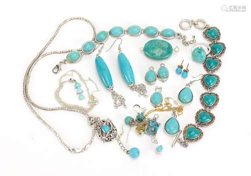 Silver and white metal turquoise jewellery including bracelets, pendants, rings and earrings,