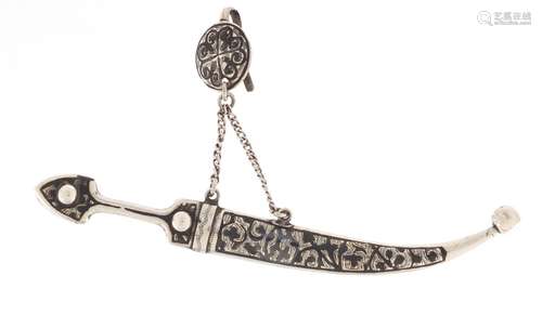 Russian silver and niello work brooch in the form of a dagger and sheath, impressed marks 84, 12cm