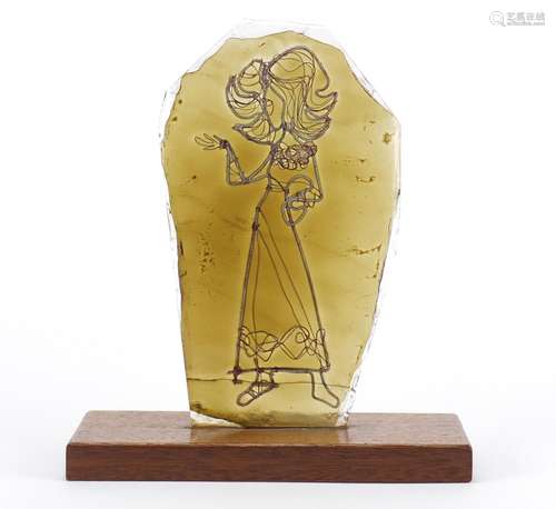 Alfred Fisher glass and wire work sculpture of a female, raised on a rectangular oak block base,