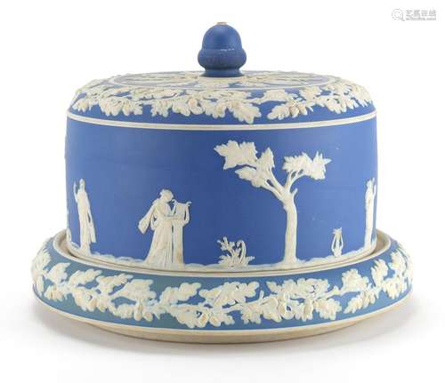 Wedgwood Jasper Ware cheese dome on stand, decorated with maidens, 21cm high x 27cm in diameter :