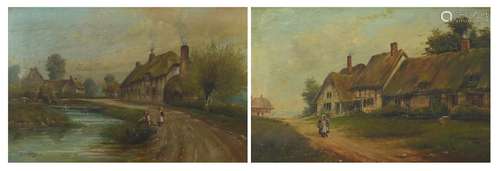 J W Humby - Figures before cottages, pair of Edwardian oil on canvases, each 60cm x 40cm : For