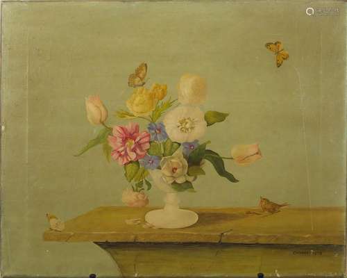 Chinnery 1978 - Still life with a robin and butterflies, oil on canvas, unframed, 51cm x 41cm :