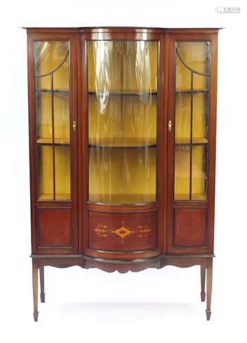 Edwardian inlaid mahogany bow front china cabinet, 172cm H x 113cm W x 47cm D : For Further