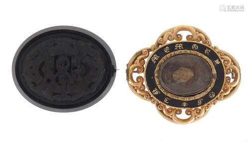 Two Victorian mourning brooches including one gilt metal and enamel, the largest 5cm wide : For