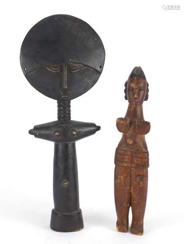 Two tribal wood carvings including an Akuaba fertility doll, the largest 39cm high : For Further