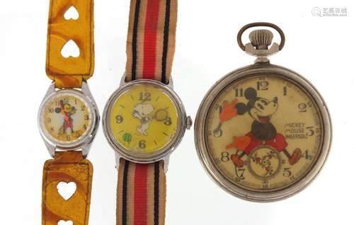 Vintage Ingersoll Mickey Mouse pocket watch and wristwatch together with a Snoopy wristwatch : For