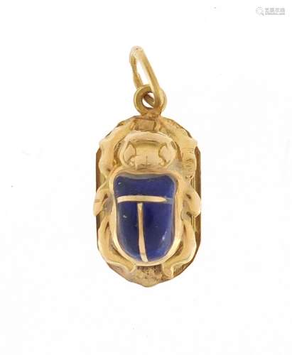 Egyptian unmarked gold and enamel scarab beetle pendant, 2.2cm in length, approximate weight 1.