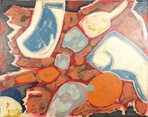 Abstract composition, oil on canvas, bearing a signature possibly J Brooks and inscription verso,