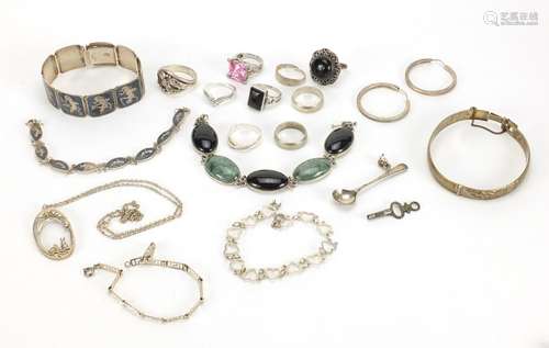 Silver and white metal jewellery including Siam bracelets, cabochon black stone bracelet and rings