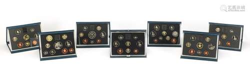 Seven United Kingdom proof coin collections with boxes, 1990, 1991, 1992, 1993, 1994, 1995 and