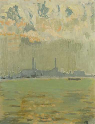 John Bratby - Greenwich power station, oil on board, label printed To David Robertson in grateful