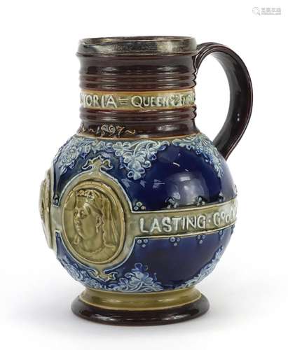 Doulton Lambeth commemorative Queen Victoria jug with silver rim, impressed marks and numbered