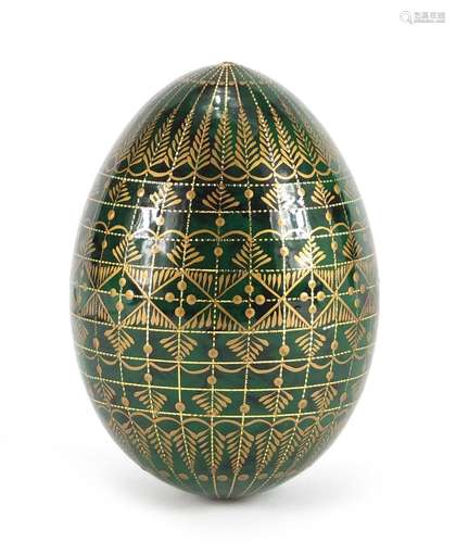 Russian green lacquered egg, gilded and inscribed to the base, 8cm high : For Further Condition