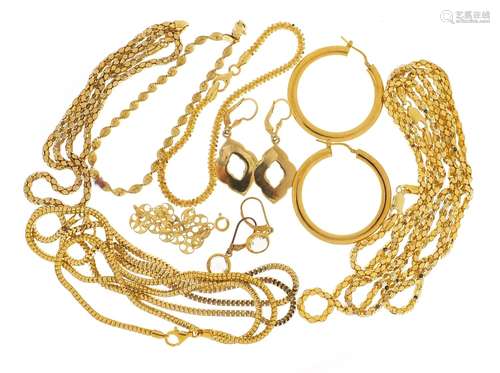 Silver gilt jewellery comprising four necklaces, three bracelets and three pairs of earrings,