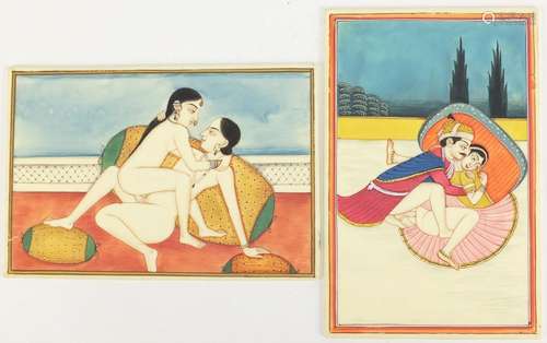 Two Indian Mughal school erotic ivorine panels, each 15cm x 10cm : For Further Condition Reports and