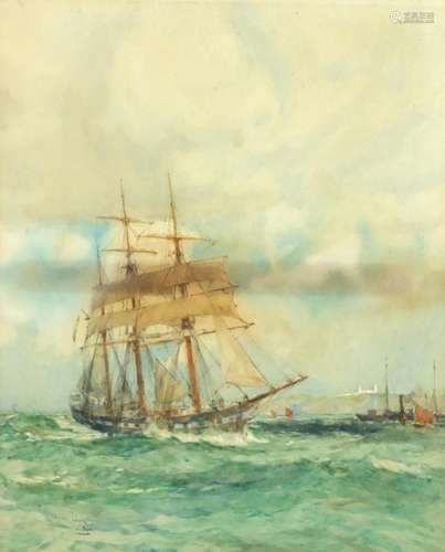 Charles Edward Dickson - Sailing ship and steam tug at sea, watercolour, label verso, mounted and