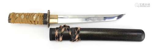 Japanese short wakizashi with scabbard and steel blade, having a visible hamon, 42cm in length : For