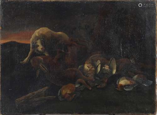 Dog with dead game, 18th century Dutch Old Master oil on canvas, unframed, 57cm x 40cm : For Further