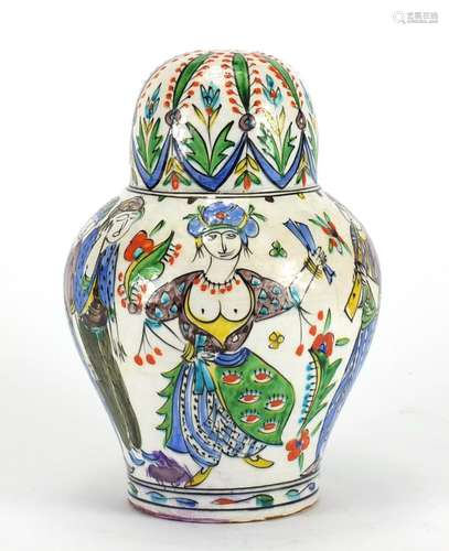 Turkish Kutahya pottery vase, hand painted with figures and flowers, 21.5cm high : For Further