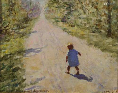 Young child walking up a road, The Great Adventure, oil on canvas laid on board, bearing a