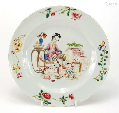 Chinese porcelain plate finely hand painted in the famille rose palette with a mother and three