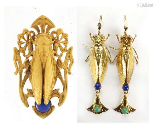 Pair of Egyptian Revival gilt metal locust design earrings with drops and a pendant, 9cm high :