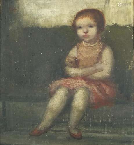 Young female holding her dog, German school oil on canvas laid on board, label verso, framed, 39cm x