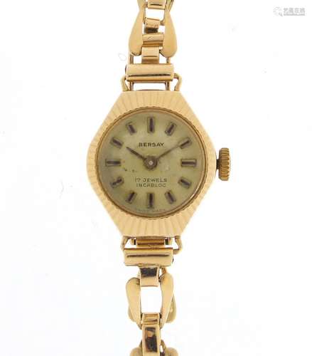 Ladies 9ct gold Bersay wristwatch with 9ct gold strap, approximate weight 10.0g : For Further