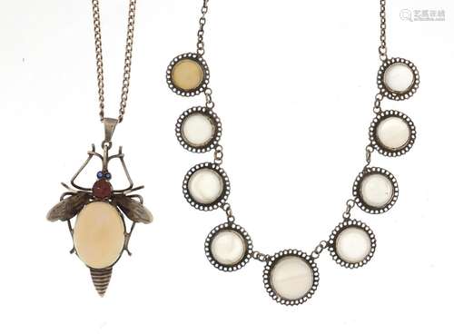 Silver moonstone necklace and an insect pendant with opal body, approximate weight 24.0g : For