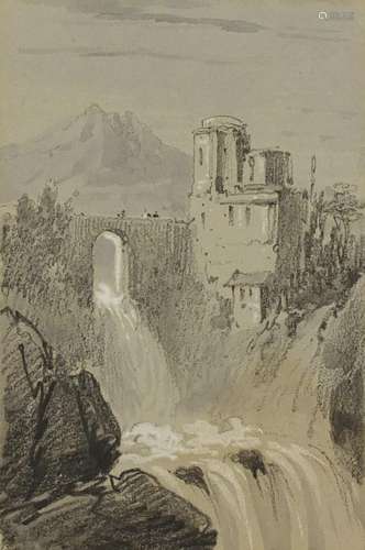 Edward Lear - Castle by a waterfall with a mountain beyond, heightened watercolour and black