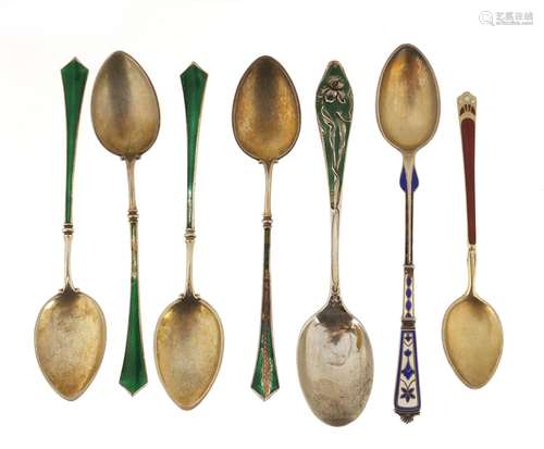 Seven silver and enamel teaspoons including Marius Hammer and P Hertz and a set of four, various