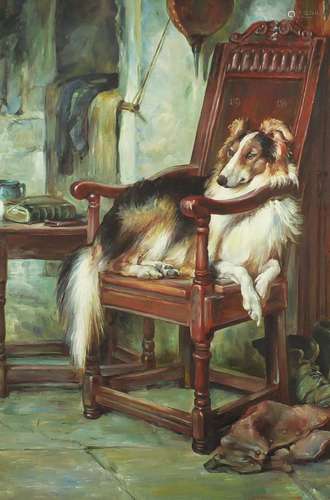 Dog seated in a chair, oil on canvas, framed, 90cm x 60cm : For Further Condition Reports and Live