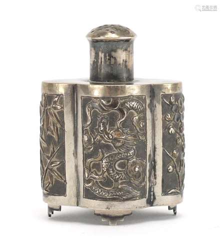 Chinese silver caster. embossed with dragons and leaves, character marks to the base, 5cm high,